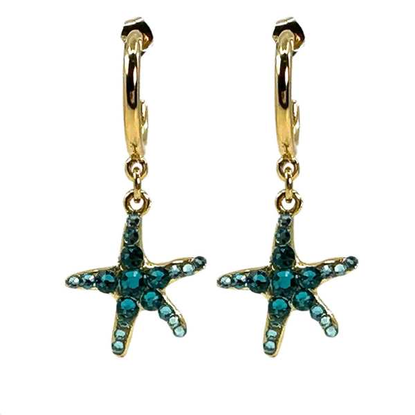 Ekaterini Ohrringe Starfish, Seestern, türkise Swarovski Kristalle an brauner Kordel und goldenen Akzenten